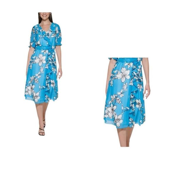 Calvin Klein Floral Printed Chiffon Dress - Size XS - Picture 3 of 14